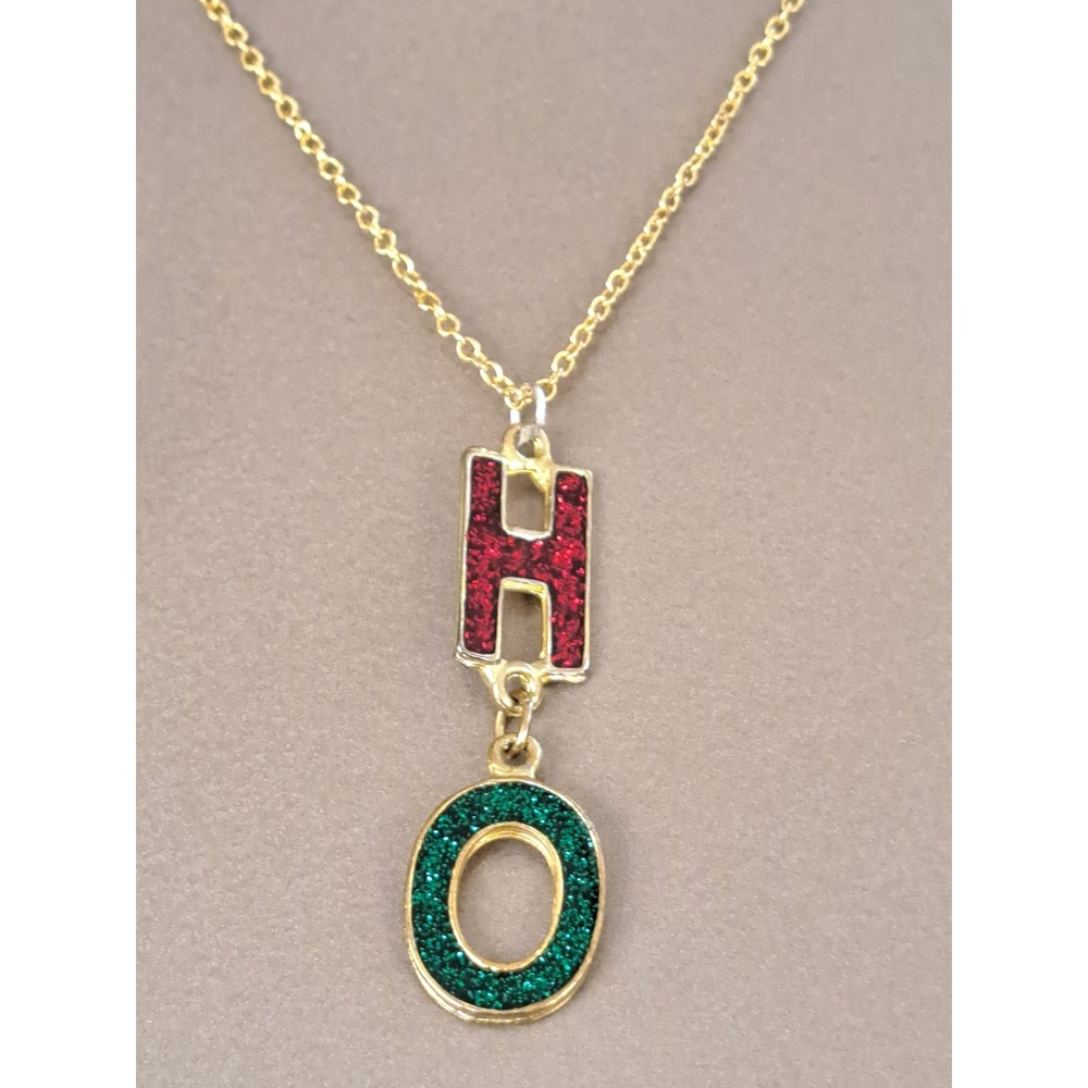 Christmas HO Glitter Pendant Necklace Gold Tone Red Green Holiday Jewelry 925